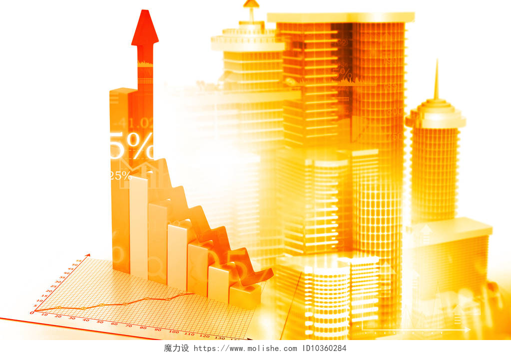金色3D数字商务折线图图表和楼房3d. 数字商业背景下的图表和图表 